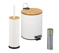Set de baño Relaxdays, Cubo de Basura y escobilla, Cubo cosmético 5 l, Soporte escobillas, Metal y bambú, Blanco/Natural