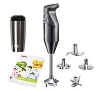 Set de batidora de mano bamix M200 toGo incluye cuchilla multifunción, 4 accesorios, vaso térmico, recetario de smoothies, 200 W, 2 velocidades, acero inoxidable, Fabricado en Suiza, negro