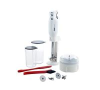 Set de batidora de mano bamix M350 MAXX - incluye soporte, 2 vasos, 4 accesorios, procesador, espátula y cepillo de limpieza, 300 W, Fabricado en Suiza, blanco/cromo