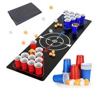 Set de Beer Pong para Fiesta y Adultos, Juego de Bebida Portátil con Mantel de Mesa, Vasos Reutilizables (500ML) Rojo y Azul y Pelotas de Ping Pong, Fácil de Limpiar para Camping, Cumpleaños y Bodas
