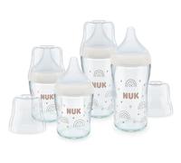 Set de biberones de cristal Perfect Match de NUK | +3 meses | Se adapta al paladar | Control de temperatura | Ventilación anticólico | 120 y 230 ml | Sin BPA | Tetinas de silicona | Arcoíris | 4 uds.