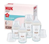 Set de biberones de cristal Perfect Match de NUK | +3 meses | Se adapta al paladar | Control de temperatura | Ventilación anticólico | 120 y 230 ml | Sin BPA | Tetinas de silicona | Arcoíris | 4 uds.