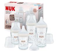 Set de biberones de cristal Perfect Match de NUK | +6 meses | Se adapta al paladar | Control temp. | 4 biberones anticólico y tetina de silicona extra | 120 ml y 230 ml | Sin BPA | Arcoíris | 5 uds.