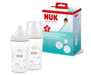 Set de biberones Perfect Match de NUK | +3 meses | Se adapta al bebé como el pecho de mama | Control de temperatura | Ventilación anticólico | 260 ml | Tetina mediana | Arcoíris | 2 uds.