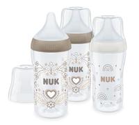 Set de biberones Perfect Match de NUK | +3 meses | Se adapta al paladar | Control de temperatura | Ventilación anticólico | 260 ml | Sin BPA | Tetina de silicona mediana | Arcoíris y corazón | 3 uds.