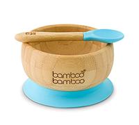 Set de Bowl adherente y cuchara para bebé en combinación, Bowl que no se despega de la mesa al comer, Bambú natural (Azul)