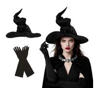 Set de bruja mujer, sombrero de bruja Halloween, guantes negros 45 cm | Sombreros de bruja de satén ajustables para adultas, accesorio plegable, sombrerón de mago, accesorio de fiesta cosplay