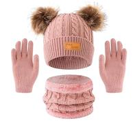 Set de Bufanda Gorro y Guantes, Conjunto de Bufanda Sombrero y Gorro Niño Invierno, Gorros con Pompon Lana NiñoBraga Cuello Polar y guantes de punto cálidos para niño 2-6 Años