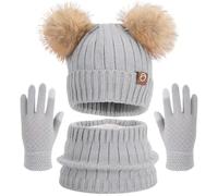 Set de Bufanda Gorro y Guantes, Conjunto de Bufanda Sombrero y Gorro Niño Invierno, Gorros con Pompon Lana Braga Cuello Polar y Guantes de Punto Cálidos para Niño 2-6 Años - Gris