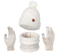 Set de Bufanda Gorro y Guantes, Niña Niño Invierno Cálido Sombrero de Punto con Pompon, Térmico Grueso Beanie con Forro Polar Cuello Calentador Tejido Conjunto Regalo para Unisex Bebé 5-8 Años Blanco