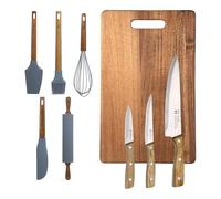 Set de cocina de 9Pzs: 3 Cuhillos en acero inoxidable + 5 Utensilios de silicona y madera + Tabla de corte 40x25cm NOIA San Ignacio