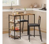 Set de comedor 3 piezas compacto - Mesa alta con estantes y 2 sillas tapizadas en PU - Estructura de hierro y madera marrón rústico - Fácil montaje y resistente al agua - PU suave, tubo negro
