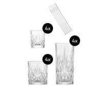 Schott Zwiesel Juego de 17 vasos de bar Show, cada uno 4 elegantes vasos de whisky y chupito con relieve, 4 pajitas de cristal y 1 cepillo de algodón, vasos de cristal aptos para lavavajillas (número