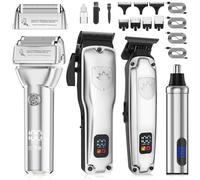 Set de corte de pelo profesional 4 en 1 para hombre, afeitadora inalámbrica, cortapelos, recortador de vello nasal, cabezal de corte en forma de T, pantalla digital inteligente, caja de regalo