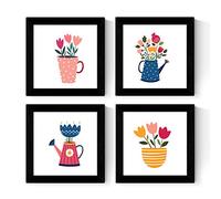 Set de Cuatro láminas cuadradas con Ilustraciones de llamativos Ramos de Flores Tamaño 20x20 cm Estilo escandinavo nordico con Marco