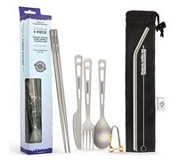 Set de Cubertería de Titanio Fuerte y Liviano, 3/4/5 piezas Saludables y Ecológicas con Paja Palillos, Cuchillo, Tenedor y Cuchara para uso en el Hogar/ Cubertería para acampar en estuche (5 Piece)