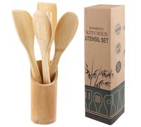 Set de Cucharas de Madera de Bambú con Contenedor - Utensilios de Cocina Sostenibles - Kochlöffel, Pfannenwender, Lochkelle, Aufbewahrungsbehälter