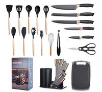 Set de Cuchillos de Cocina - 19, Contiene 11 Utensilios de Cocina de Silicona Juego de Cuchillos de Cocina de Acero Inoxidable de 5 Piezas con Tijeras, Portacuchillas y Tabla de Cortar (Negro)