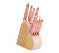 Set de Cuchillos Paris Hilton en Bloque de Bambú, 10 Piezas con Mangos Rosados y Cuchillas Doradas, Ideal para Regalo