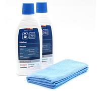 Set de Cuidado 2X descalcificador + paño de Microfibra Compatible con Bosch 0717902334(00), 0717902342(00), 0717902350(00) - para cafeteras automáticas, aparatos de Agua Caliente, 1000ml