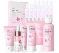 Set de Cuidado Facial Sakura 11 Piezas,con Limpiador,Tónico,Sérum,Crema para Ojos,Crema Facial,Ampollas y Protector Solar,Set de Cuidado Diario de la Piel para Adolescentes y Mujeres
