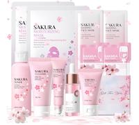 Set de Cuidado Facial Sakura 11 Piezas, Cuidado Facial Mujer con Tónico, Limpiador Facial, Serum Ojos, Serum Facial, Crema Cara, Mascarilla Facial Nocturna, Mascarilla Arcilla