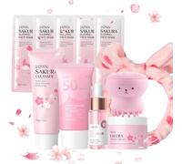 Set de Cuidado Facial Sakura 11 Piezas,Skincare kit con Cinta para el pelo,Cepillo facial,Limpiador,Protector solar 50,Esencia,Crema,Mascarilla facial 5,para Adolescentes y Mujeres