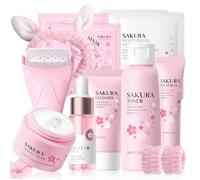 Set de Cuidado Facial Sakura 12 Piezas,Set de Cuidado Diario de la Piel con Limpiador,Tóner,Crema facial,Esencia,Esencia ocular,Mascarilla facial y Accesorios,para Adolescentes y Mujeres
