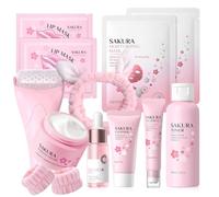 Set de Cuidado Facial Sakura 12 Piezas,Set de Cuidado Diario de la Piel con Limpiador,Tónico,Sérum,Crema Facial,Mascarilla Labial,Mascarilla Facial y Accesorios,para Adolescentes y Mujeres