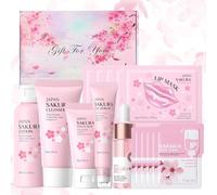 Set de Cuidado Facial Sakura 16 Piezas,Set de Cuidado Diario de la Piel con Limpiador,Tónico,Hidratante,Esencia,Esencia ocular,Mascarilla de arcilla,Mascarilla labial,para Adolescentes y Mujeres