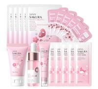 Set de Cuidado Facial Sakura 18 Piezas,Set de Cuidado de la Piel Sakura,Cuidado de la Piel,Cuidado Facial con Suero,Crema Facial,Esencia para Ojos,Mascarilla,Máscara para Dormir,Mascarilla de Barro