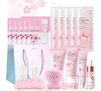 Set de Cuidado Facial Sakura 18 Piezas,Set de Cuidado Diario de la Piel con Limpiador,Crema facial,Esencia,Esencia ocular,Máscara para dormir,Mascarilla de barro Cepillo y Accesorios