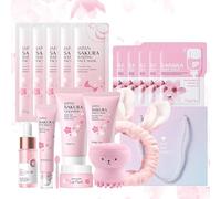 Set de Cuidado Facial Sakura 18 Piezas,Set de Cuidado Diario de la Piel con Limpiador,Crema facial,Esencia,Esencia ocular,Máscara para dormir,Mascarilla de barro Cepillo y Accesorios