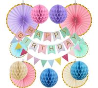 Set de Decoración Cumpleaños Reutilizable con Banner de Happy Birthday, Banderas Triangulares, Bolas de Panal & Abanicos de Papel, Adornos para Fiestas Familiares Felices para Niñas y Mujeres Amigos