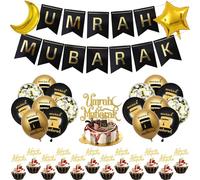 Set de decoración de fiesta Umrah Mubarak, 32 piezas Umrah Mubarak, juego de decoración de letras, globos de estrellas y lunas, globos de confeti y decoración de cupcakes para celebraciones de