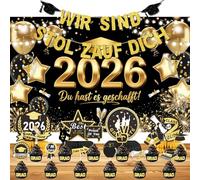 Set de decoración de graduación 2026, color dorado y negro, pancarta XXL (180 x 110 cm), guirnalda "Wir sind stolz auf dich", decoración de mesa y cupcakes, juego completo para graduación, graduación