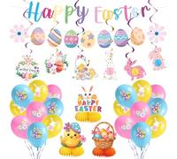 Set de Decoración Happy Easter, Decoraciones de Pascua con Pancarta Happy Easter Guirnalda Huevos Colgantes Conejos Pollitos Globos Centros Mesa Ideal Fiesta Salón Jardín Celebraciones Primavera