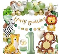 Set de Decoración para Fiesta de 1er Cumpleaños - Tema de Safari con Animales Salvajes, Incluye Guirnalda, Letrero de Feliz Cumpleaños, Globos con Estampado de Leopardo, Flores y Adornos Dorados