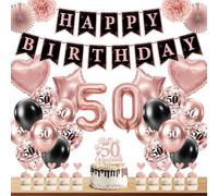 Set de decoración para fiesta de cumpleaños 50 de 1976, diseño de mujer en oro rosa y negro, decoración de cumpleaños con número globo de 32 pulgadas, globos de látex, pancartas, abanicos de papel y