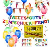 Set de decoración para iniciación escolar, guirnalda con texto en alemán "Alles Gute zum fang Schullanfang + Banner + 18 globos con ABC 123, confeti + globos de papel de aluminio para niños y niñas
