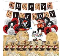 Set de Decoración Pirata para Cumpleaños Infantiles: Cumpleaños Pirata con Gran barco Pirata Globos de Aluminio Platos de Papel Pajitas Servilletas y Soporte para Tartas (Pirate)
