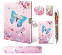 Set de Diario Secreto Niña con Candado, Kit Papelería de Mariposa incluye Diario con Candado Bolígrafo de 6 Colore Mini Bloc de Notas Regla Borrador y Sacapuntas Cuaderno Niño Regalo Niña 6-10 Años