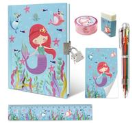 Set de Diario Secreto Niña con Candado, Kit Papelería de Sirena incluye Diario con Candado Bolígrafo de 6 Colore Mini Bloc de Notas Regla Borrador y Sacapuntas Cuaderno Niño Regalo Niña 6-10 Años