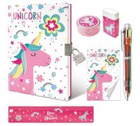 Set de Diario Secreto Niña con Candado, Kit Papelería de Unicornio incluye Diario con Candado Bolígrafo de 6 Colore Mini Bloc de Notas Regla Borrador y Sacapuntas Cuaderno Niño Regalo Niña 6-10 Años
