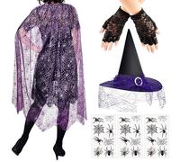 Set de Disfraces de Brujas de Araña de Halloween para Mujer Capa de Telaraña para Adultos Sombrero Guantes de Encaje sin Dedos y Tatuaje de Arrastre Trajes de Fiesta de Disfraces (Estilo Moderno)