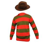 Set de disfraz de Halloween estilo Freddy Krueger con jersey de rayas rojas y verdes y sombrero de explorador para hombre (X-Large)