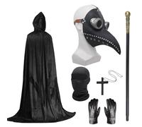 Set de disfraz de médico de la peste de Celebration Directre, máscara de Halloween con pico de nariz larga con capa con capucha negra, collar cruzado, guantes, bastón, máscaras de cara completa para