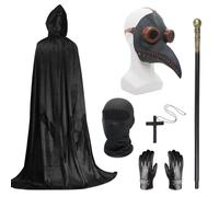 Set de disfraz de médico de la peste, máscara de Halloween de pico largo y nariz negra con capa con capucha negra, collar cruzado, guantes y bastón, máscara de cara completa para fiesta de Halloween