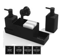 Set de Dispensador de Jabón con Portaesponja y Cepillo para Cocina - Accesorio Práctico y Elegante para el Fregadero (Negro, 4 en 1)