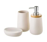 Set de dispensador y portacepillos de baño en cerámica Blanca y bambú